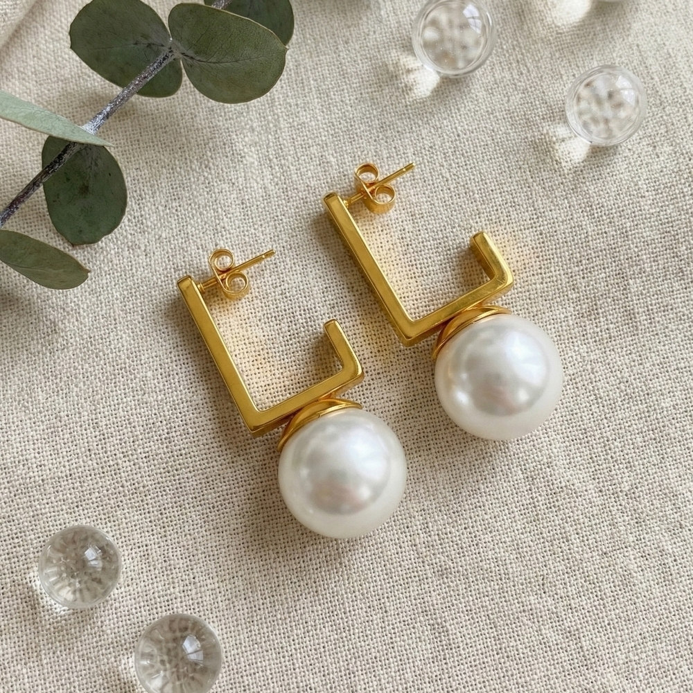 18K Gold Plated Steel Pearl Drop Earrings Geometric Rectangle C-Hoop Modern Stud